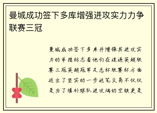 曼城成功签下多库增强进攻实力力争联赛三冠 曼城成功签下多库增强进攻实力力争联赛三冠