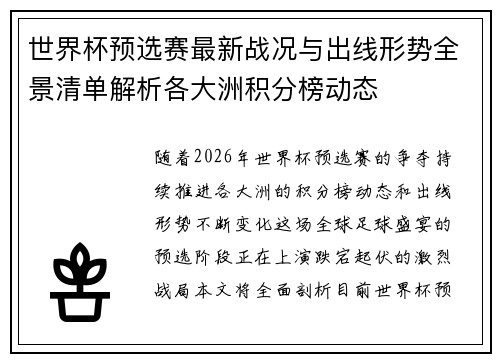 世界杯预选赛最新战况与出线形势全景清单解析各大洲积分榜动态