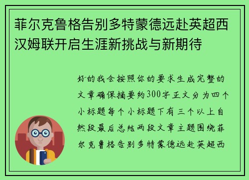 菲尔克鲁格告别多特蒙德远赴英超西汉姆联开启生涯新挑战与新期待